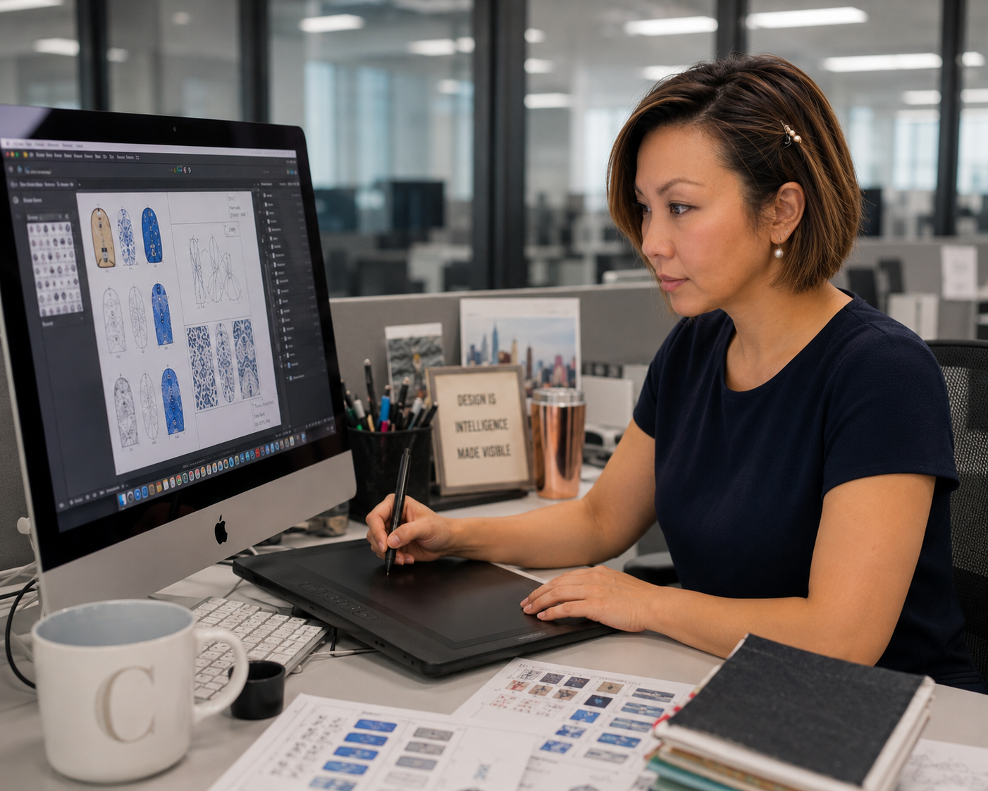 Cristina designing nail art at her desk