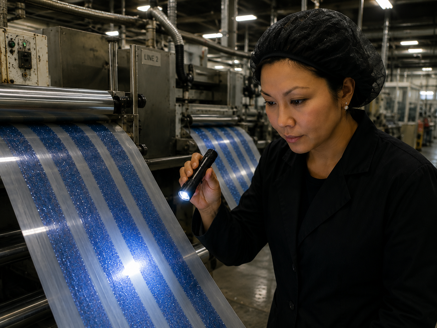 Cristina inspecting product on the production line